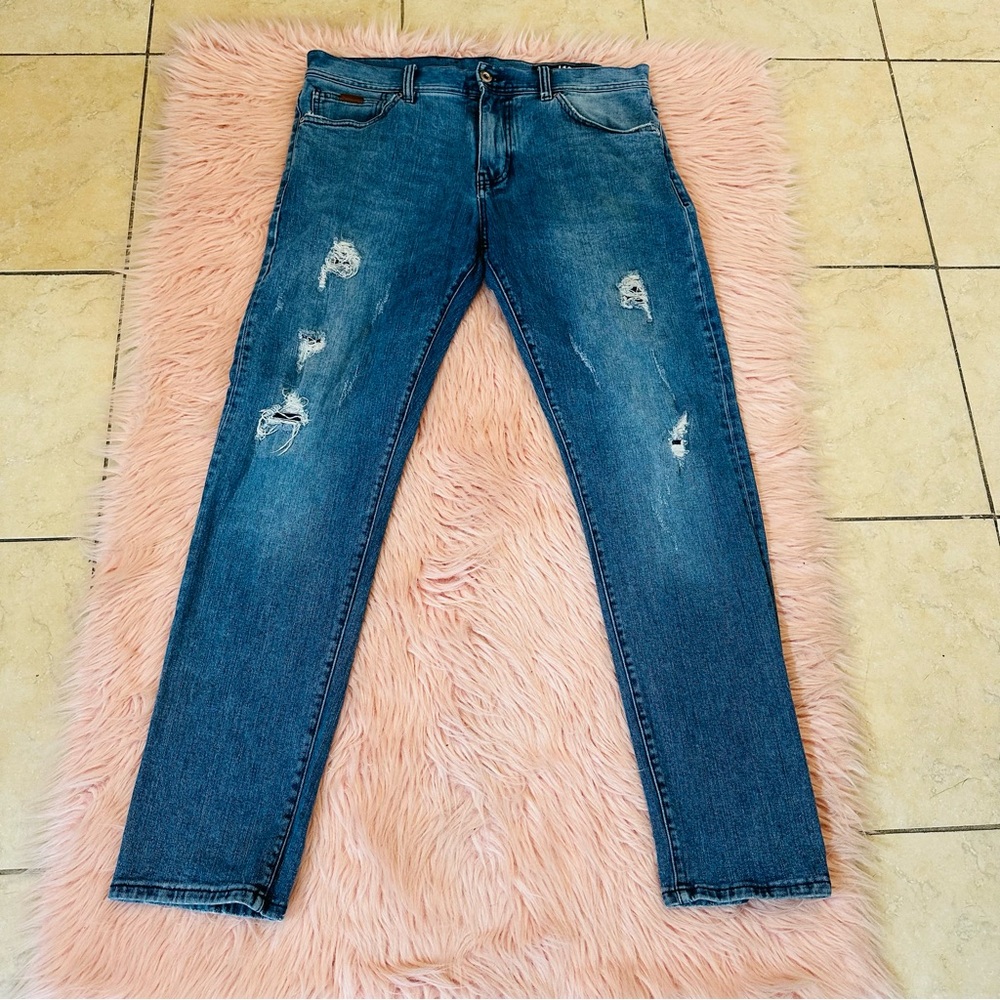 Blue Straight-Leg Distressed Jeans